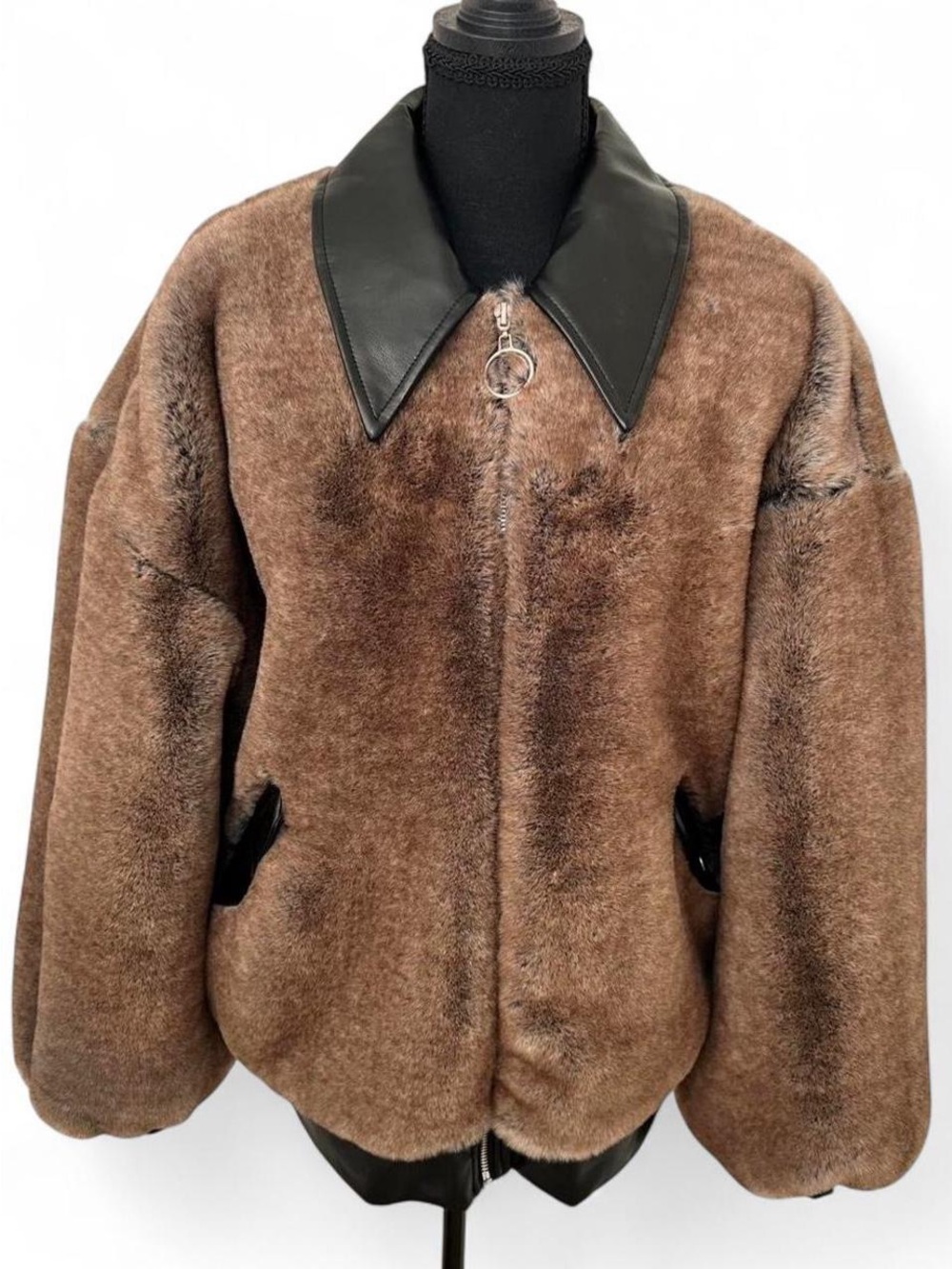 WeWoreWhat Faux Fur Bomber Jacket Brown Cropped Y2K Streetwear Women’s Small